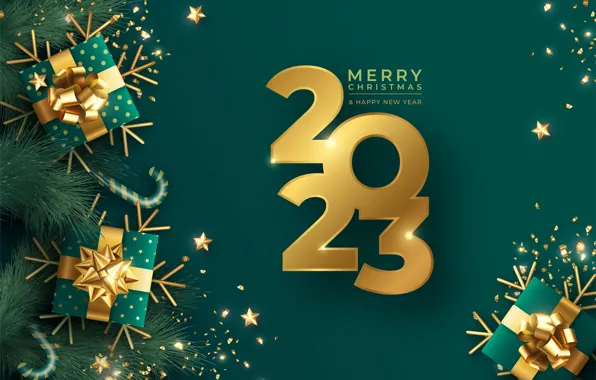 Figures, gifts, New year, needles, green background, box, date, 2023