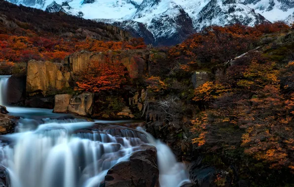 Autumn, mountains, stream, vegetation, waterfall, river, cascade, Argentina