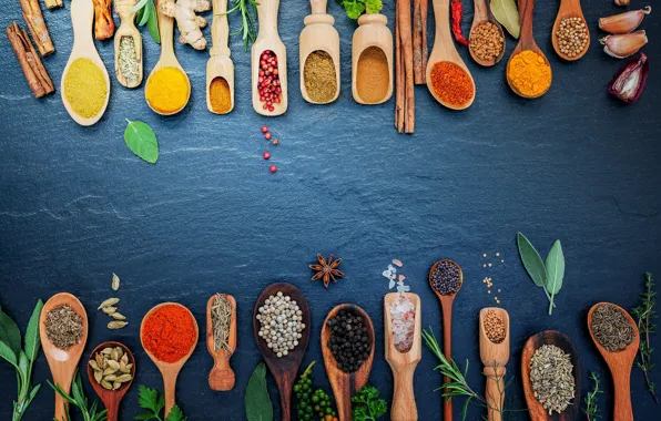 Seeds, pepper, cinnamon, a lot, different, blue background, spices, spoon
