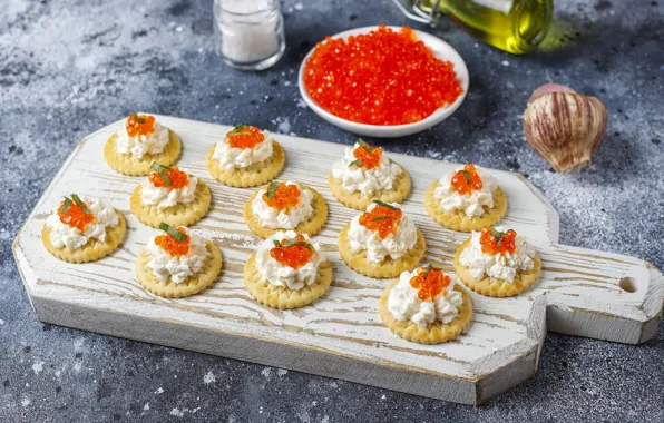 Caviar, tartlets, red caviar, cutting Board