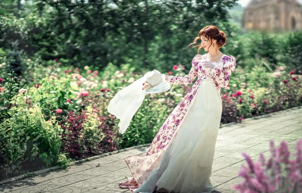 Greens, summer, girl, flowers, pose, smile, Park, the wind
