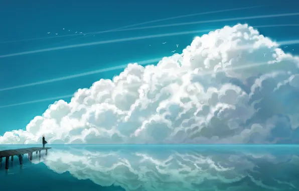 Sea, clouds, seagulls, anime, girl