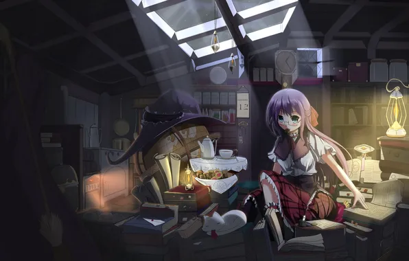 Picture cat, girl, night, room, books, hat, lantern, witch