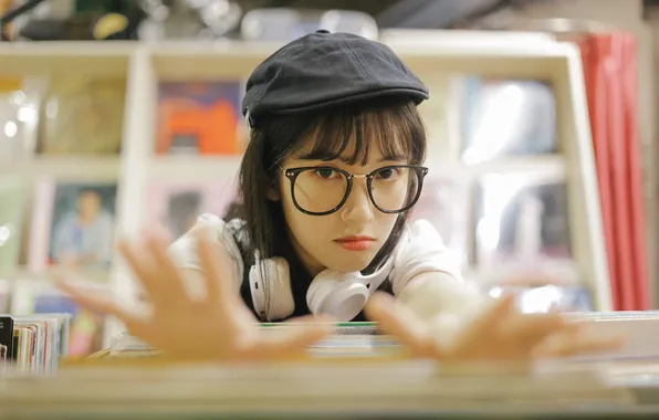 Beautiful, Asian, Model, Headphone, Woman, Hat, Cute, Glasses