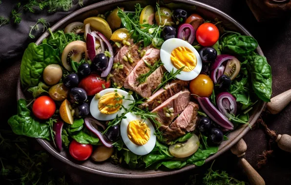 Greens, food, eggs, bow, meat, vegetables, tomatoes, olives