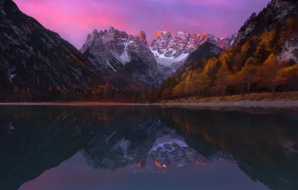 Picture autumn, forest, mountains, lake, morning