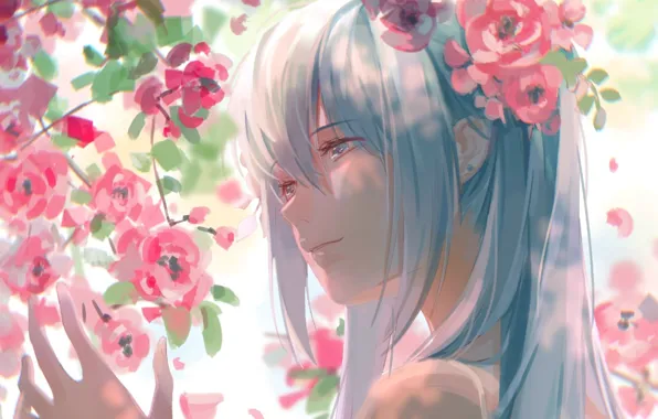 Wallpaper face, spring, hands, vocaloid, hatsune miku, shoulders, Vocaloid, blue hair