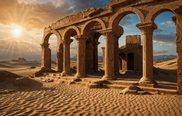 Sand, the sky, the sun, clouds, rays, light, landscape, nature