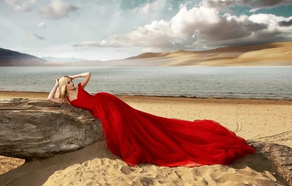 Picture sand, sea, beach, girl, pose, style, red dress, Renat Khismatulin