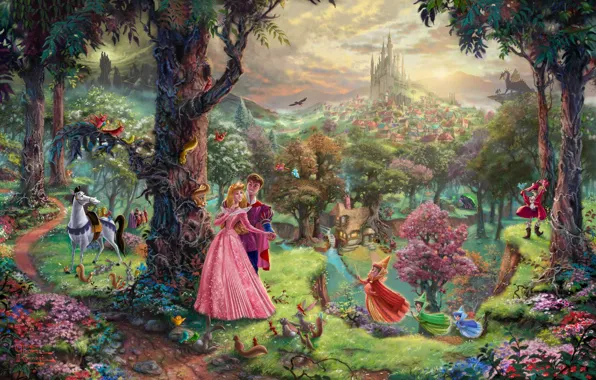 Picture forest, trees, Park, castle, dragon, cartoon, home, tale