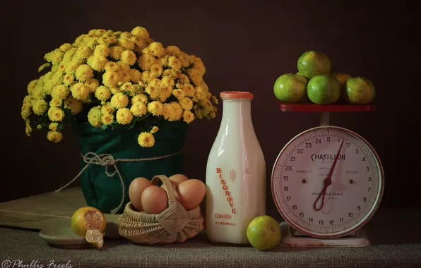 Flowers, eggs, milk, still life, basket, Libra, chrysanthemum, yellow