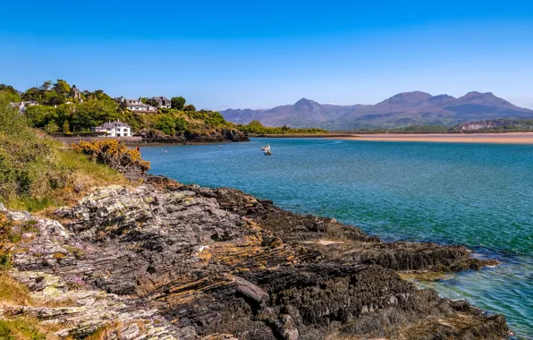 Sea, the sky, the sun, trees, mountains, stones, coast, home