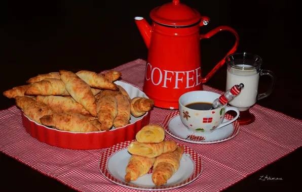 Coffee, milk, cakes, bagels, coffee pot