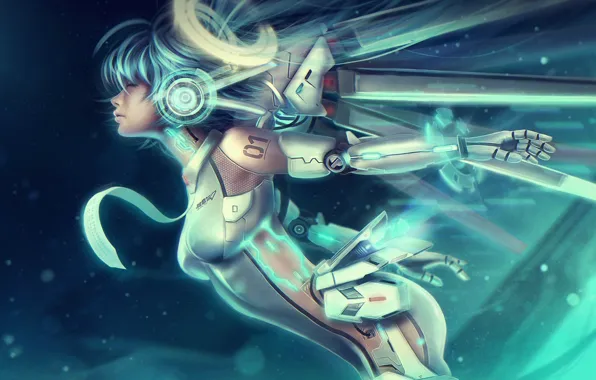 Girl, wings, headphones, art, tie, profile, vocaloid, Hatsune Miku