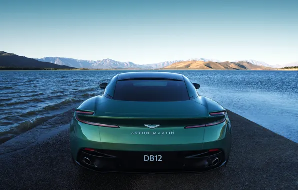Picture water, mountains, Aston Martin, rear view, exhaust pipe, 2023, Aston Martin DB12, DB12
