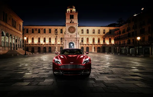 Aston Martin, Red, Night, The city, Area, Vanquish, The front, AM310