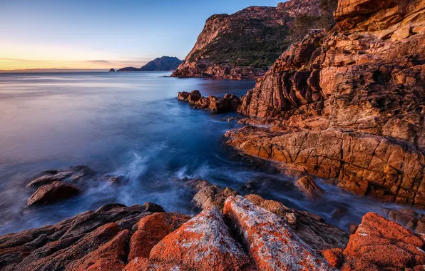 Sea, sunset, rocks, Tasmania, Freycinet National Park