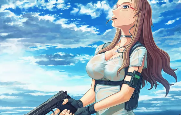 Girl, clouds, the city, gun, weapons, wet, glasses, cigarette