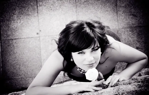 White, eyes, girl, wall, hair, roses, brunette, lips