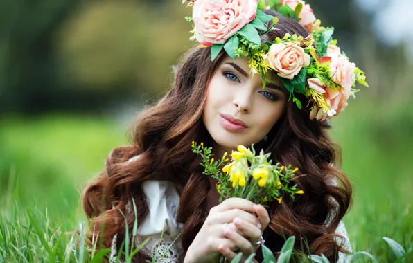 Greens, grass, girl, flowers, background, portrait, makeup, hairstyle