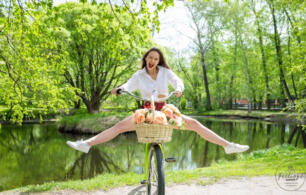 The sun, trees, joy, flowers, bike, pose, pond, Park