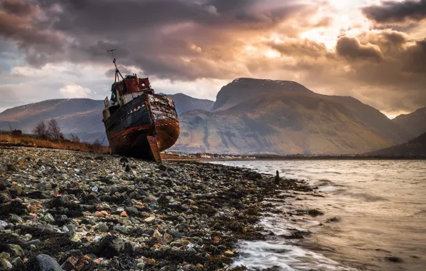 Mountains, river, ship