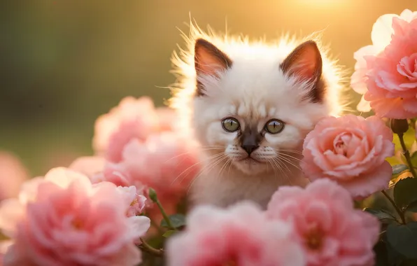 Cat, look, light, flowers, pose, kitty, portrait, roses