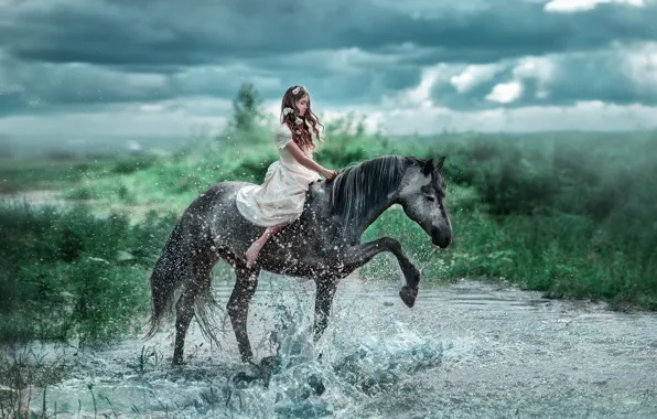 Picture water, girl, flowers, squirt, river, mood, horse, horse