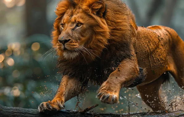 Water, Look, Jump, Leo, Predator, Squirt, Digital art, Big cat