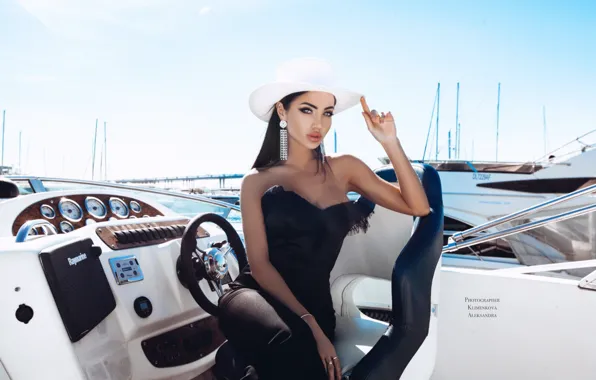 Chest, girl, pose, hat, yacht, Marianne Markina, Alexander Klimenkov