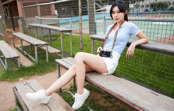 Picture Asian, camera, women, bench, rainbows, Max Chang