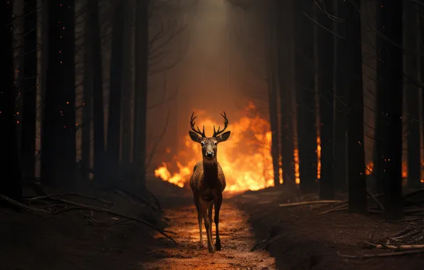 Trees, Smoke, Fire, Forest, Fire, Deer, Horns, Digital art