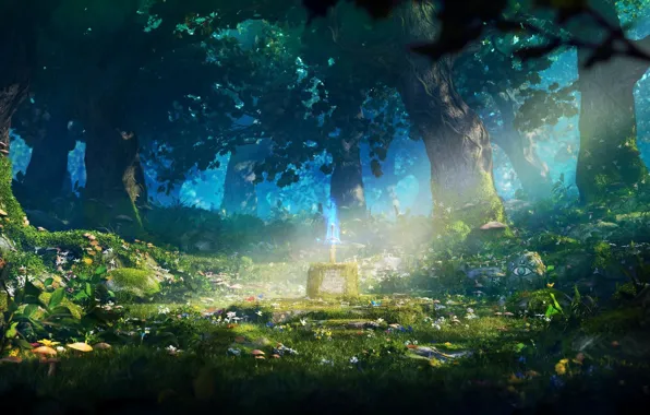 Forest, trees, flowers, eyes, mushrooms, ray, sword, pedestal