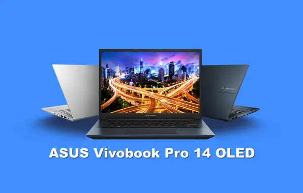 Computer, wallpaper, laptop, electronics, ASUS, blue background, OLED, ASUS Vivobook Pro 14 OLED