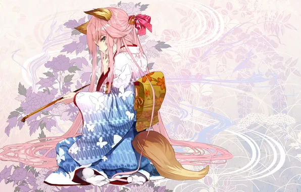 Picture girl, flowers, anime, tail, kimono, ears