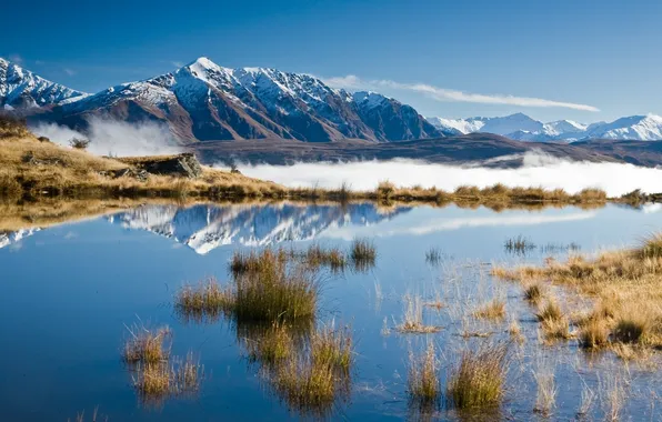 Picture the sky, snow, mountains, lake, reflection, landscapes, morning, New Zealand