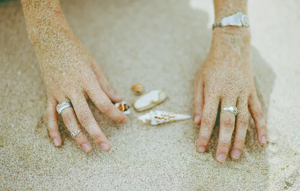 Sand, ring, hands, shell