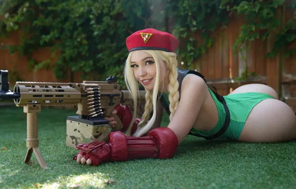 Gun, ass, women, cosplay, blonde, Street Fighter, AR-15, Cammy White