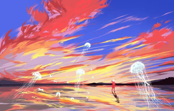 The sky, water, girl, birds, surrealism, jellyfish, by Fangpeii