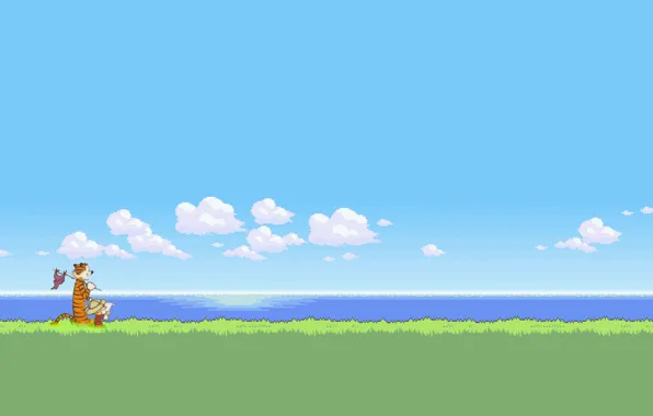 Picture the sky, grass, water, clouds, 8-bit, Calvin and Hobbes, Calvin and Hobbes