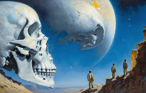 Mountains, people, skull