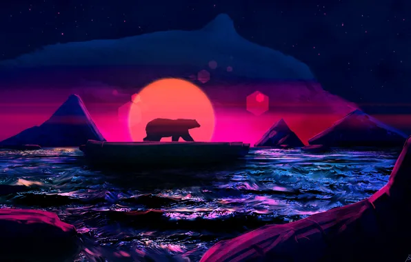 Sunset, The sun, The ocean, Bear, Style, Iceberg, Bear, Fantasy