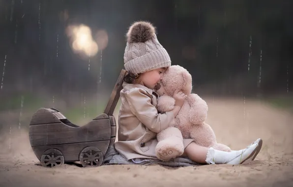 Picture rain, toy, girl, stroller, bear, cap, Teddy bear, Keren Genish