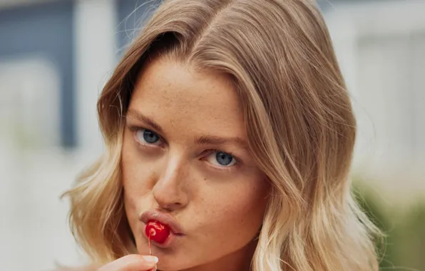 Woman, young, blue eyes, model, kiss, lips, face, hair