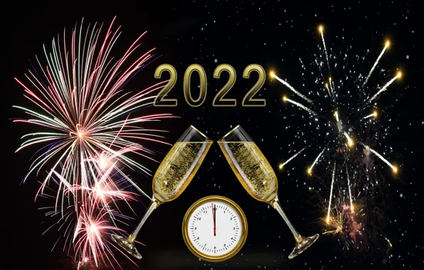 Watch, Salute, New year, Black background, Fireworks, Bakaly, Champagne, 2022