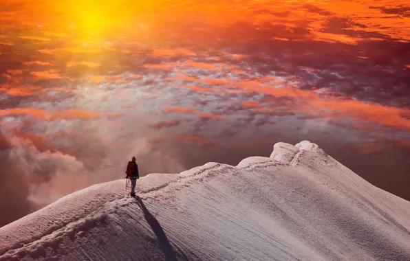 Picture man, snow, clouds, Switzerland, Piz Palü, sun, mountain, sunset