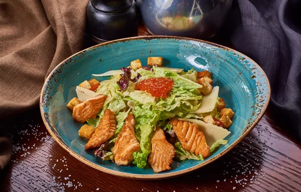 Caviar, salad, salmon