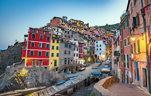 Sea, rocks, coast, Villa, boats, Italy, houses, Riomaggiore