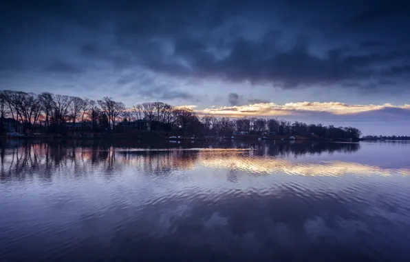 The sky, clouds, trees, reflection, river, blue, shore, the evening