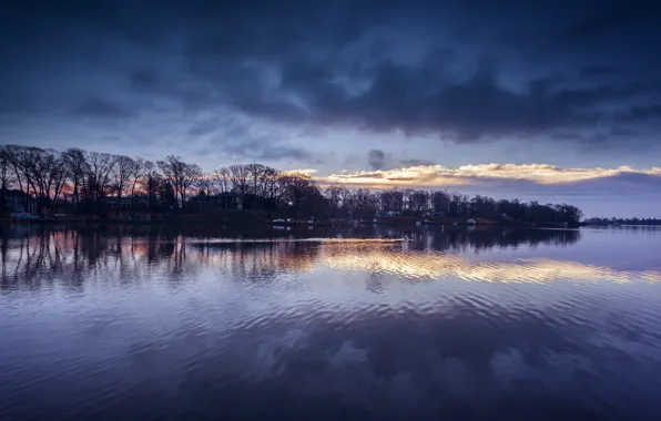 Picture the sky, clouds, trees, reflection, river, blue, shore, the evening